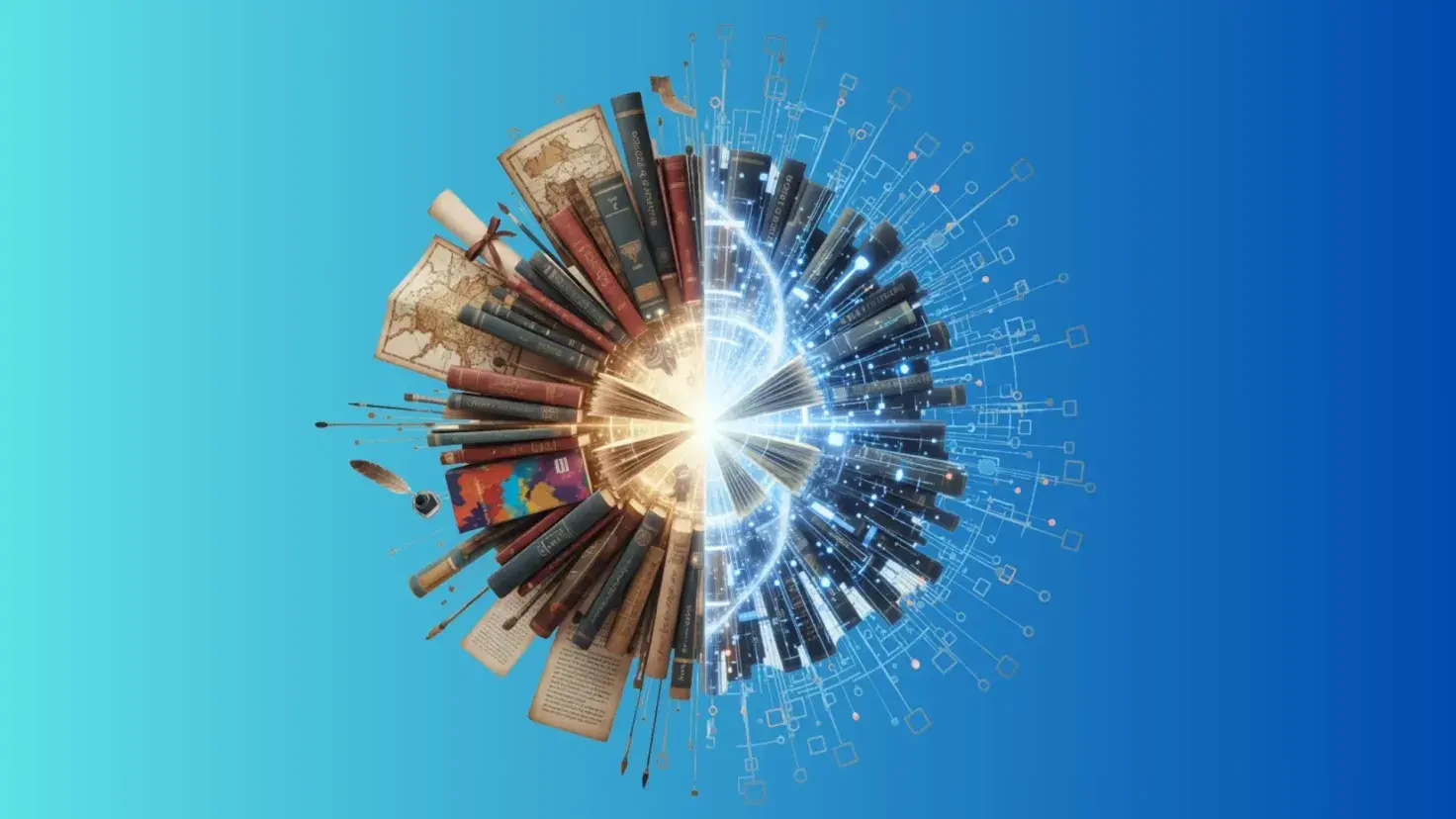 Ilustración conceptual dividida en dos mitades: a la izquierda, libros antiguos, mapas y elementos de humanidades; a la derecha, patrones digitales y líneas de datos que representan inteligencia artificial. Ambas partes se unen en un punto de luz central