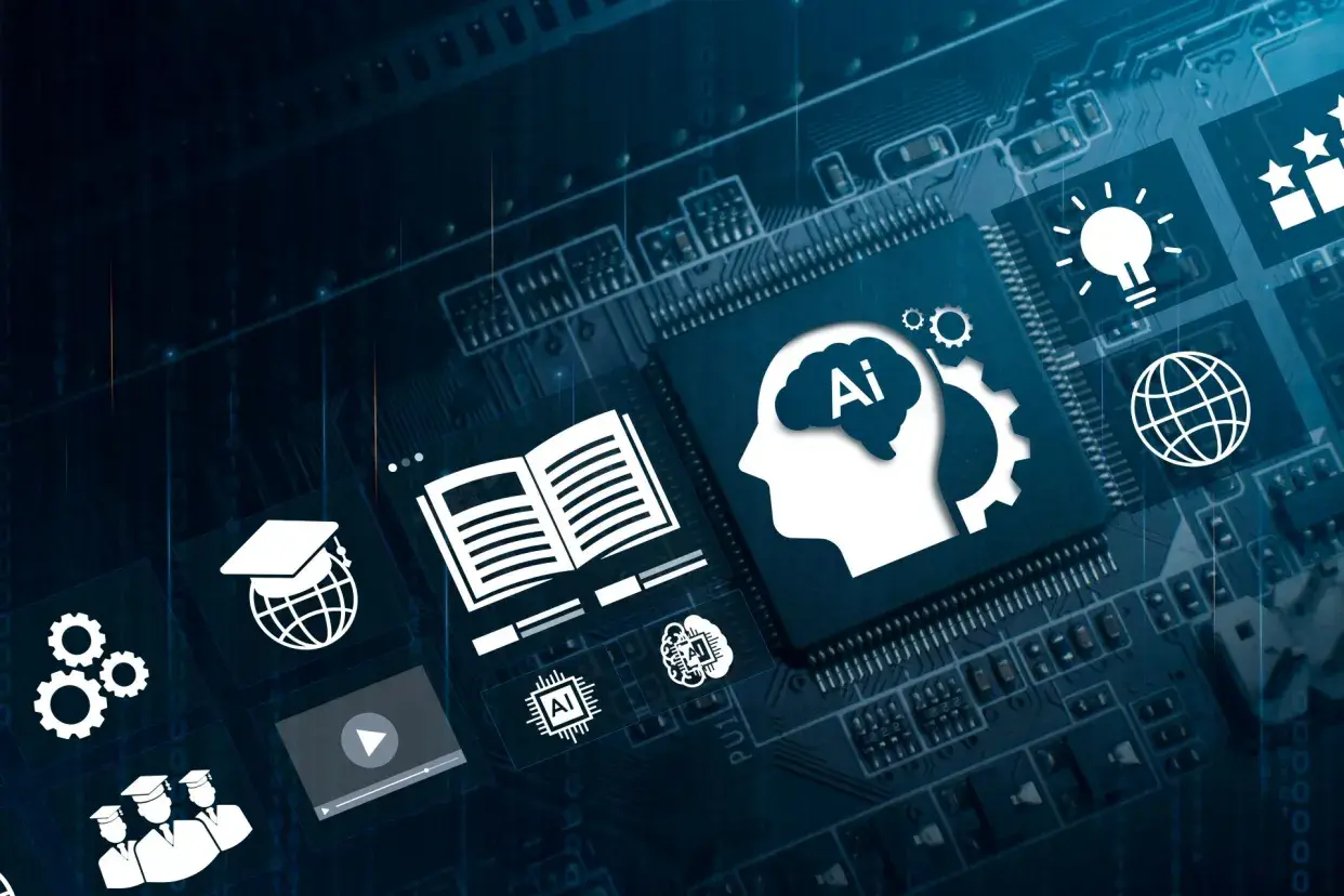 Educación de Tecnología utilizando sistemas de IA, concepto y educación de tecnología de Inteligencia Artificial (IA), chips de datos de computadora con gráficos educativos, lecciones de aprendizaje y aprendizaje digital moderno
