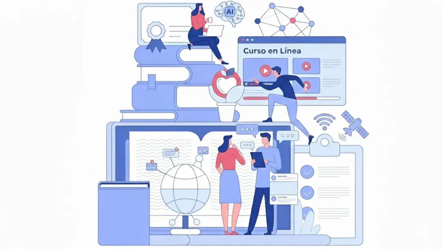 Ilustración sobre cursos en línea y aprendizaje digital con certificaciones, personas estudiando y desarrollando habilidades profesionales.