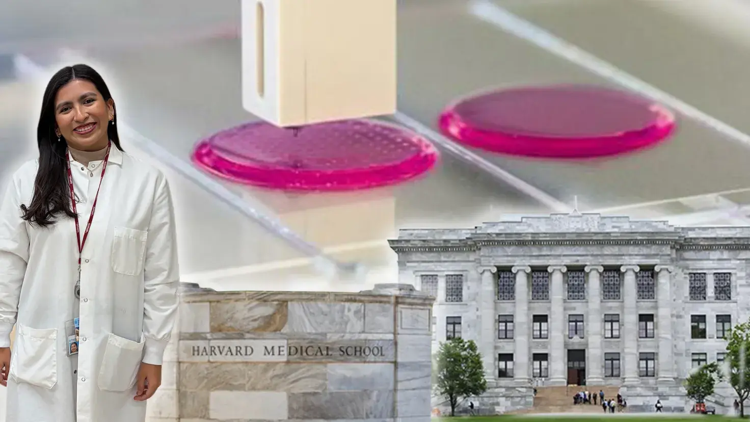 Collage de impresora de biotintas con imágenes de la escuela de medicina de Harvar y una estudiante sobrepuestas.