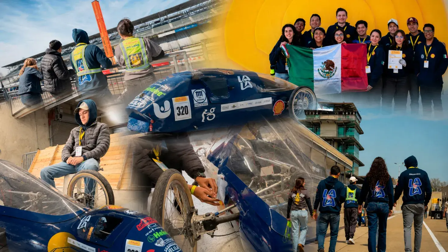 Collage de fotos de estudiantes de ingeniería del Tec de Monterrey campus Laguna en Shell Eco-marathon de Indianápolis