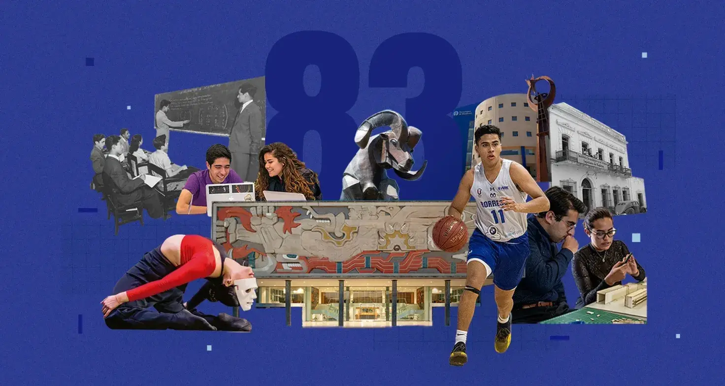 Collage por el 83 aniversario del Tec de Monterrey con imágenes históricas y actuales de estudiantes, educación, cultura y deporte.