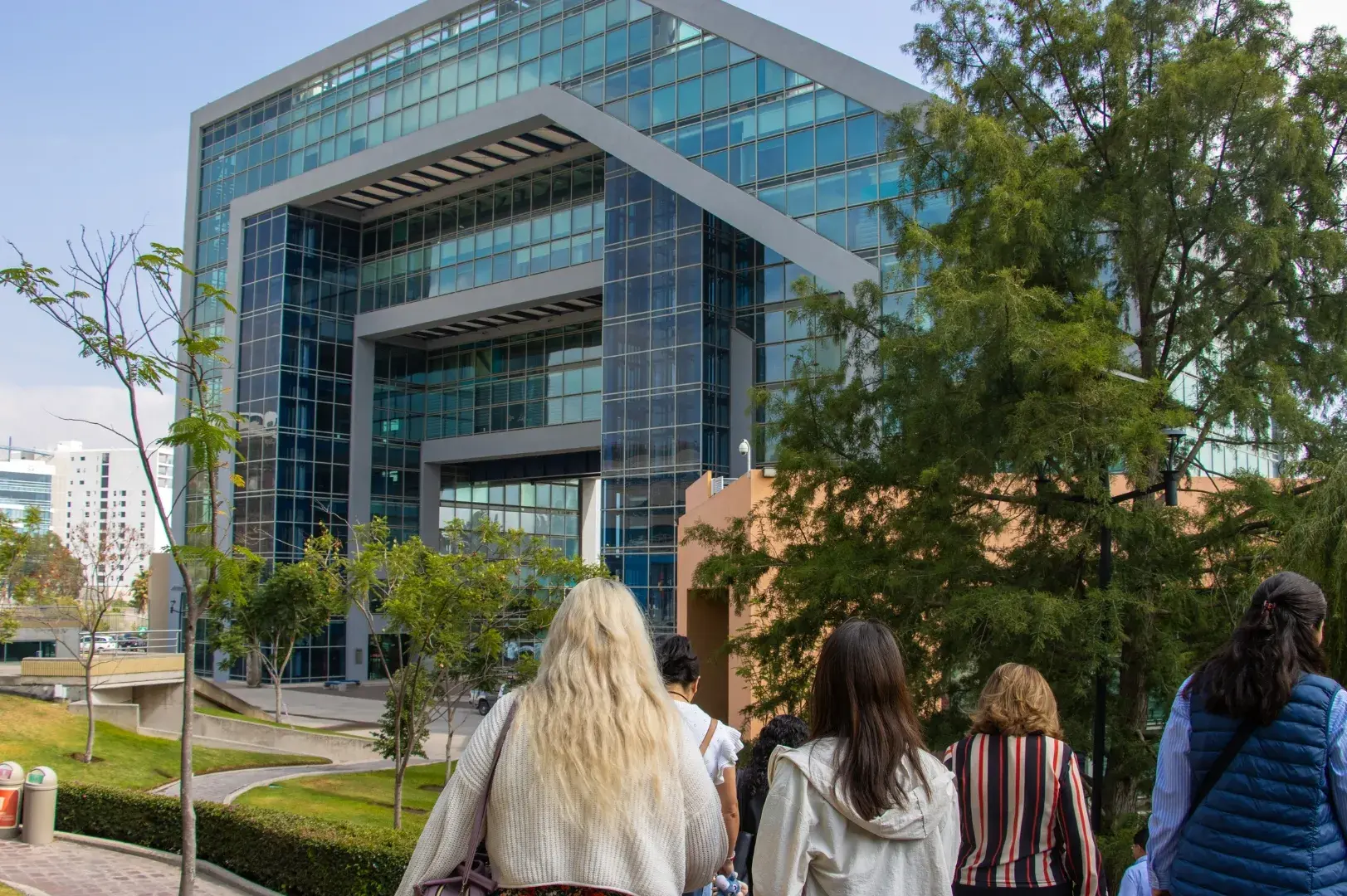Profesores caminando por las áreas verdes del Campus SLP.