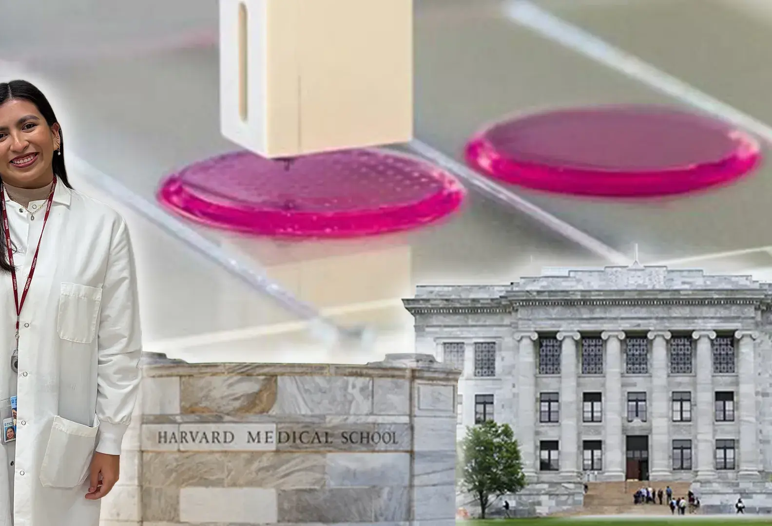 Collage de impresora de biotintas con imágenes de la escuela de medicina de Harvar y una estudiante sobrepuestas.