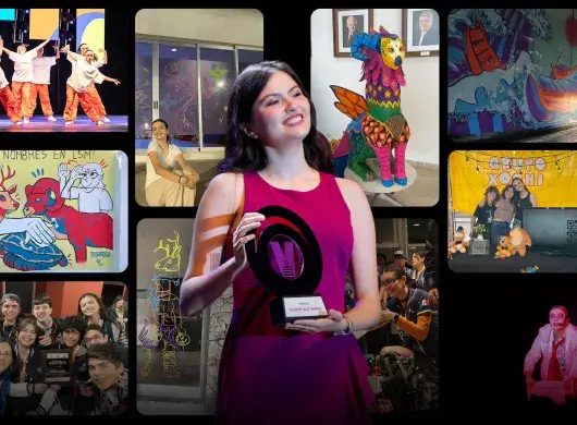 Collage de fotos que muestran actividades de arte como baile, teatro e ilustración con una imagen al centro de una joven adolescente sosteniendo un trofeo circular que dice "Talento que Inspira". 