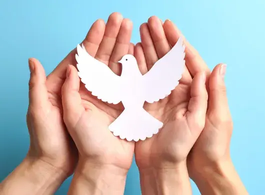 Personas sosteniendo un dibujo de una paloma blanca