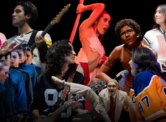 Montaje de fotos de alumnos universitarios compitiendo en disciplinas artísticas como canto, baile y música.