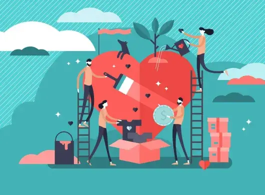 Ilustración conceptual de jóvenes trabajando en diversas obras filantrópicas, alrededor de un corazón
