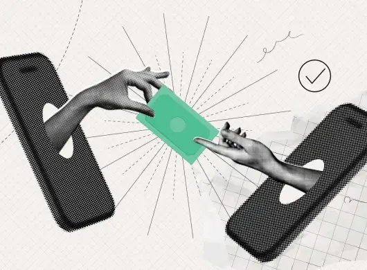 Ilustración digital de dos manos que salen de teléfonos móviles entregando una tarjeta verde, representando transferencias bancarias seguras en línea.