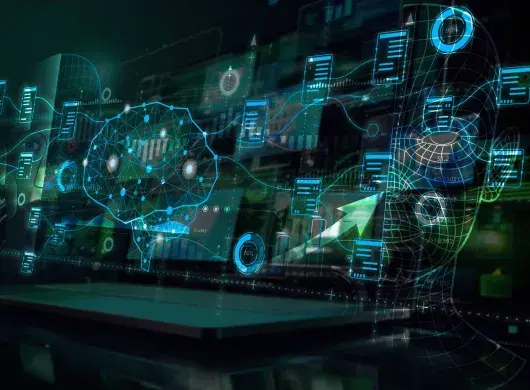 Ilustración digital de inteligencia artificial, nube y datos con un cerebro virtual y elementos tecnológicos, representando cursos gratuitos de Oracle University para la comunidad del Tec de Monterrey.