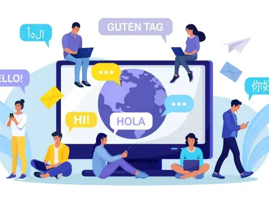 Ilustración de jóvenes aprendiendo diversos idiomas