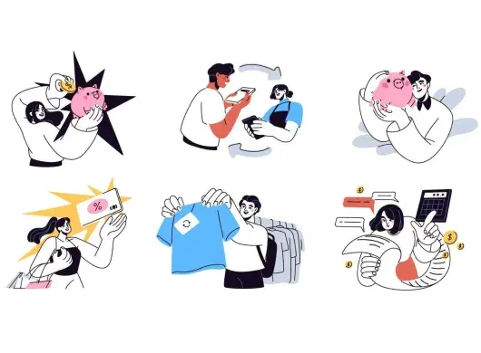 Ilustración de jóvenes realizando actividades como compras, ahorro, uso de tarjeta de crédito