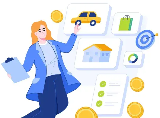 ilustracion de mujer evaluando gastos de casa, carro, etc