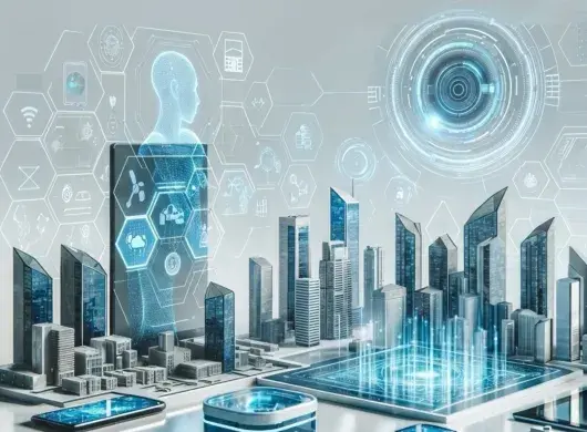 Ilustración futurista de una ciudad inteligente con hologramas, paneles digitales e íconos de inteligencia artificial, movilidad autónoma, energía sostenible y ciberseguridad, representando las tecnologías que marcarán el rumbo en 2026