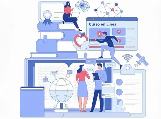Ilustración sobre cursos en línea y aprendizaje digital con certificaciones, personas estudiando y desarrollando habilidades profesionales.