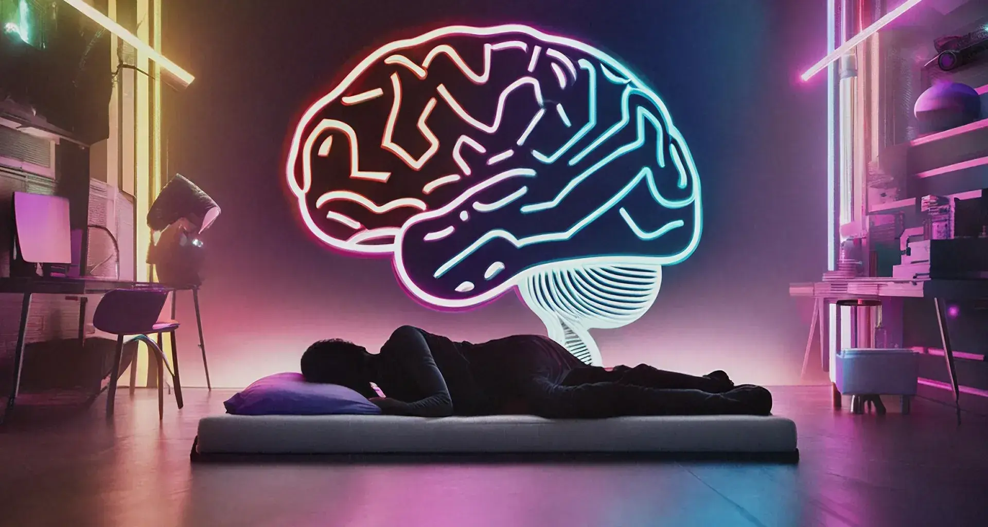 Ilustración conceptual de una persona durmiendo y un cerebro iluminado en la pared que conceptualiza la creatividad