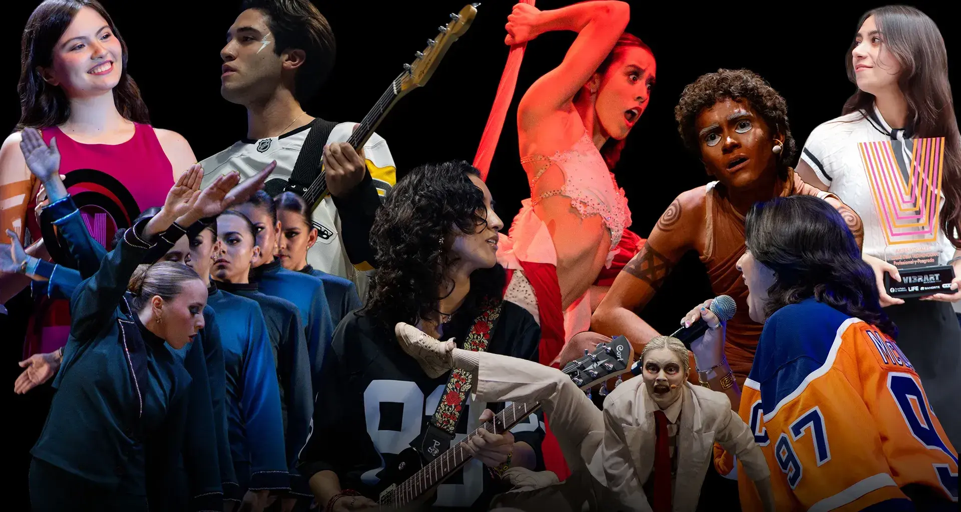 Montaje de fotos de alumnos universitarios compitiendo en disciplinas artísticas como canto, baile y música.