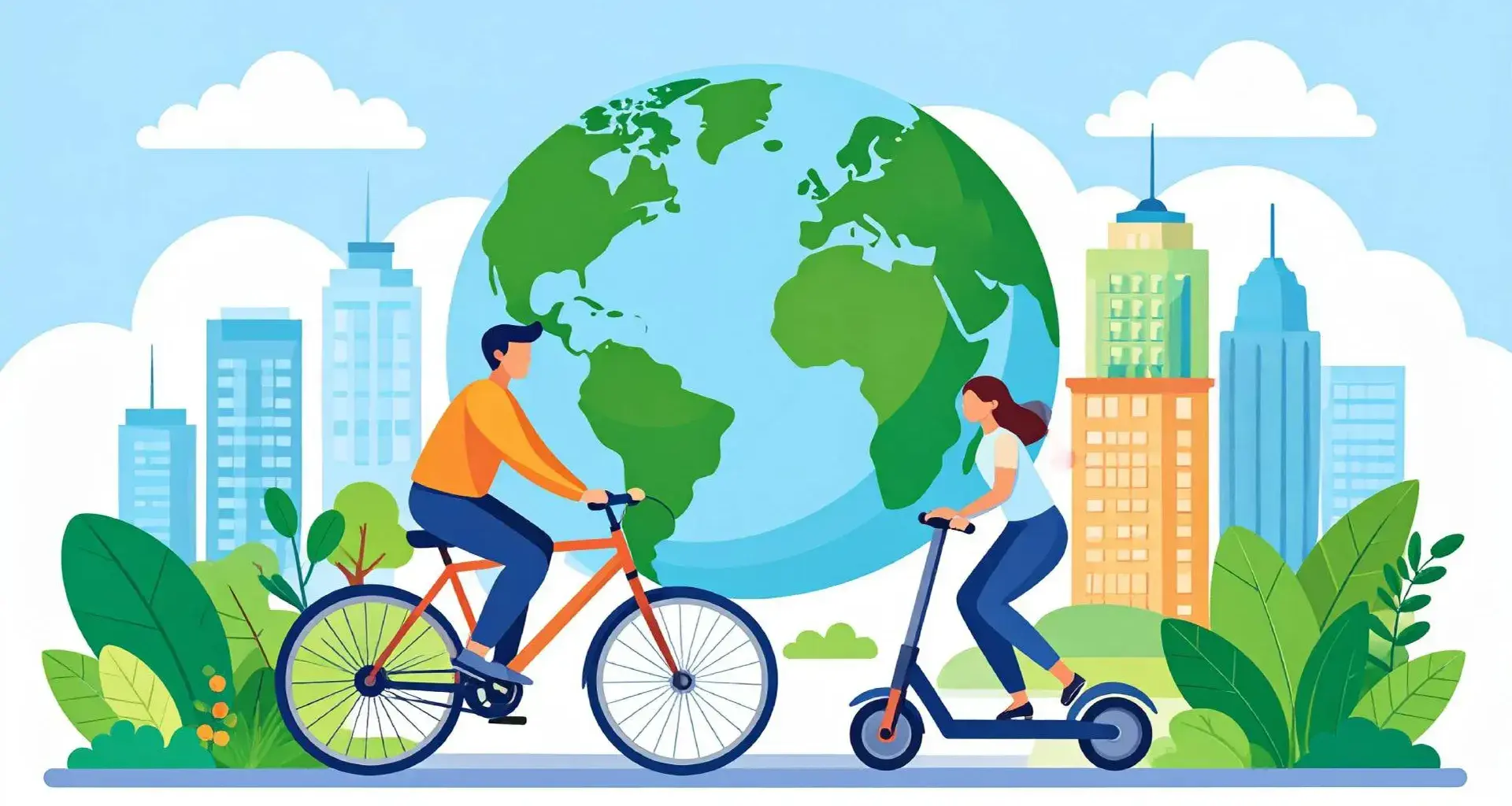 Ilustración de de jóvenes usando bicicleta y scooter eléctrico como alternativas de movilidad sostenible en ciudad