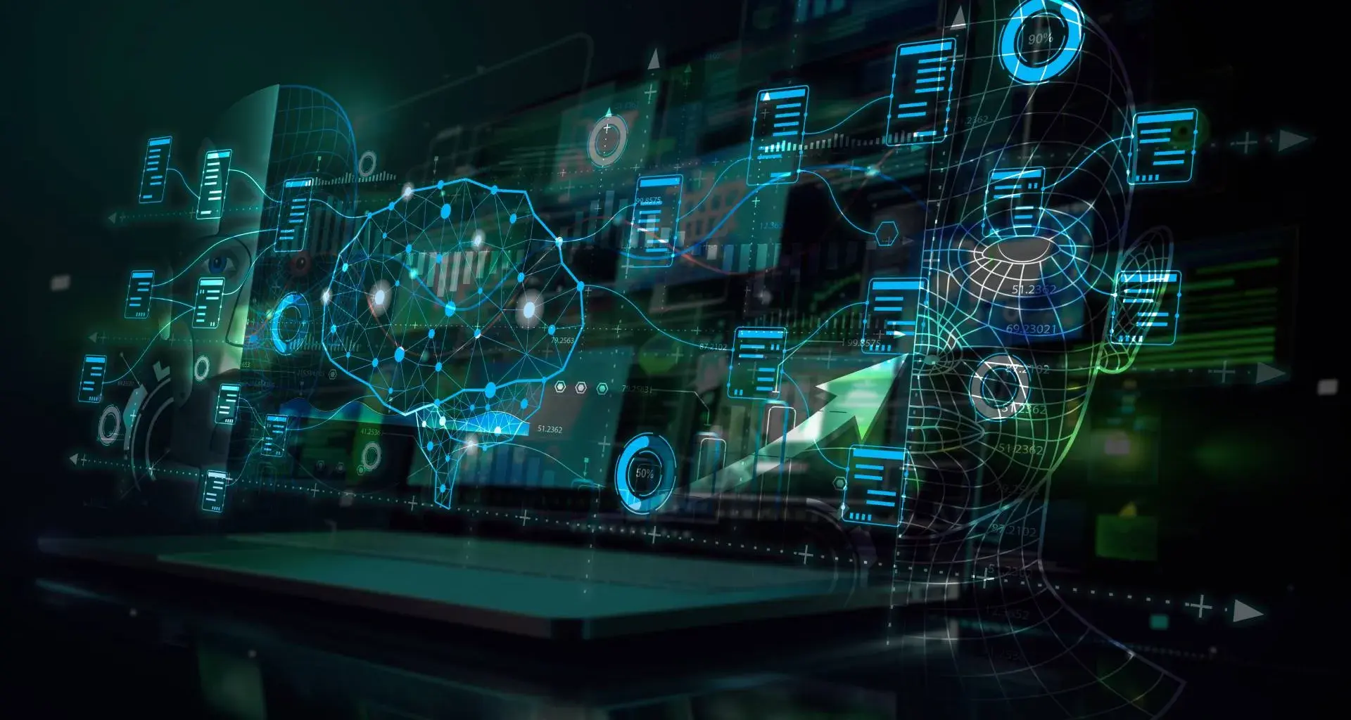 Ilustración digital de inteligencia artificial, nube y datos con un cerebro virtual y elementos tecnológicos, representando cursos gratuitos de Oracle University para la comunidad del Tec de Monterrey.