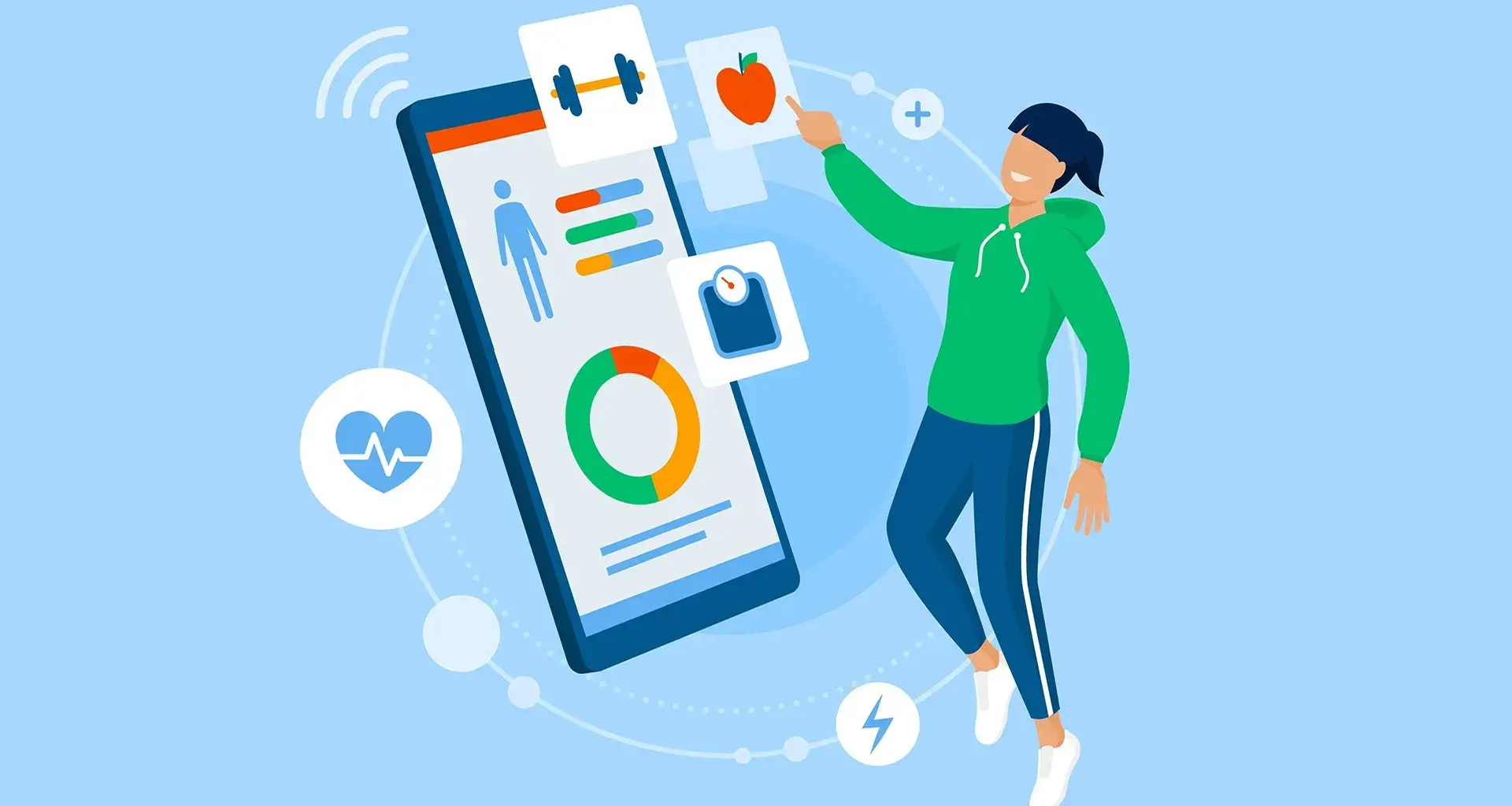 Ilustración de una mujer eligiendo de una tablet grande, un programa de ejercicio y alimentación