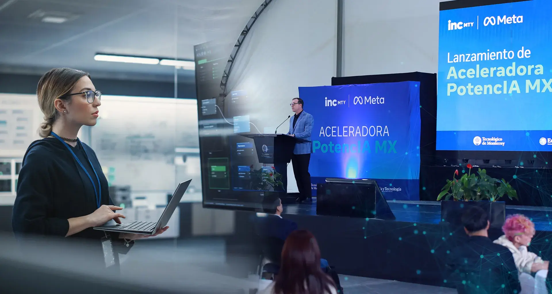 Evento de lanzamiento de PotencIA MX, la primera aceleradora de inteligencia artificial de Meta en México, en colaboración con el Tec de Monterrey e incMTY.