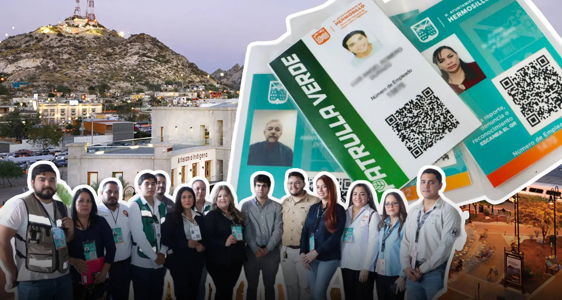 Montaje de un grupo de personas y credenciales de identificación sobre un fondo del Cerro de la Campana de Hermosillo, Sonora.