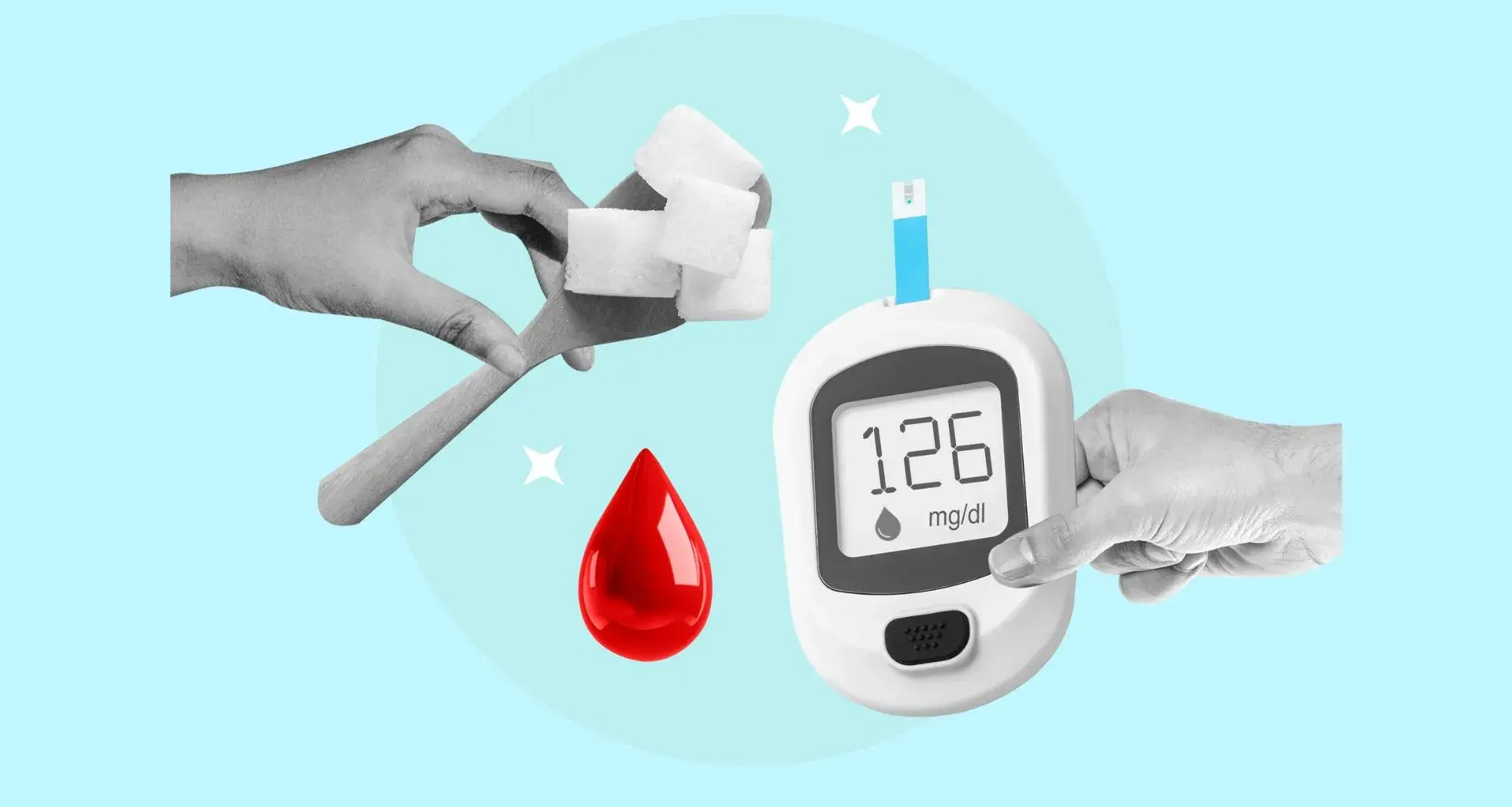 Collage conceptual de diabetes: manos sosteniendo un glucómetro y una cucharra con terrones de azúcar, además de una gota de sangre resaltada