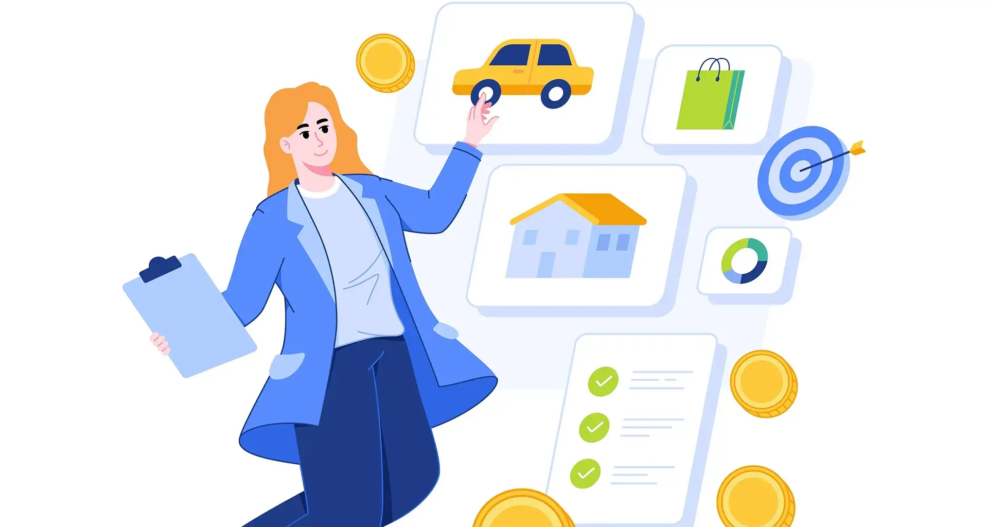 ilustracion de mujer evaluando gastos de casa, carro, etc