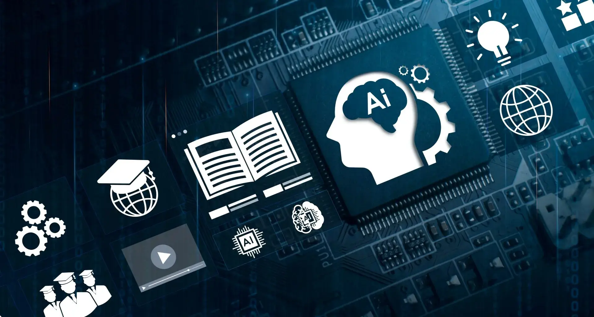 Educación de Tecnología utilizando sistemas de IA, concepto y educación de tecnología de Inteligencia Artificial (IA), chips de datos de computadora con gráficos educativos, lecciones de aprendizaje y aprendizaje digital moderno