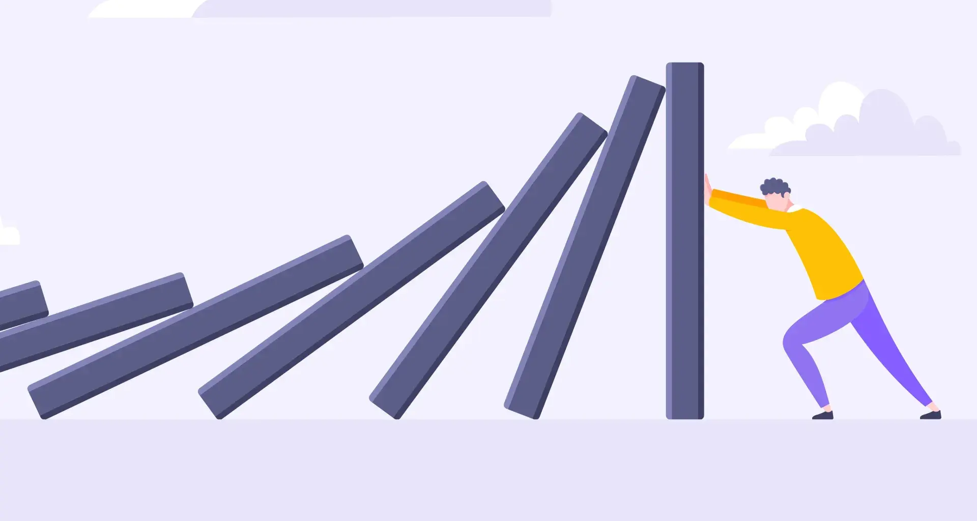 Una persona empujando una ficha de dominó vertical para evitar que una fila de fichas inclinadas caiga.