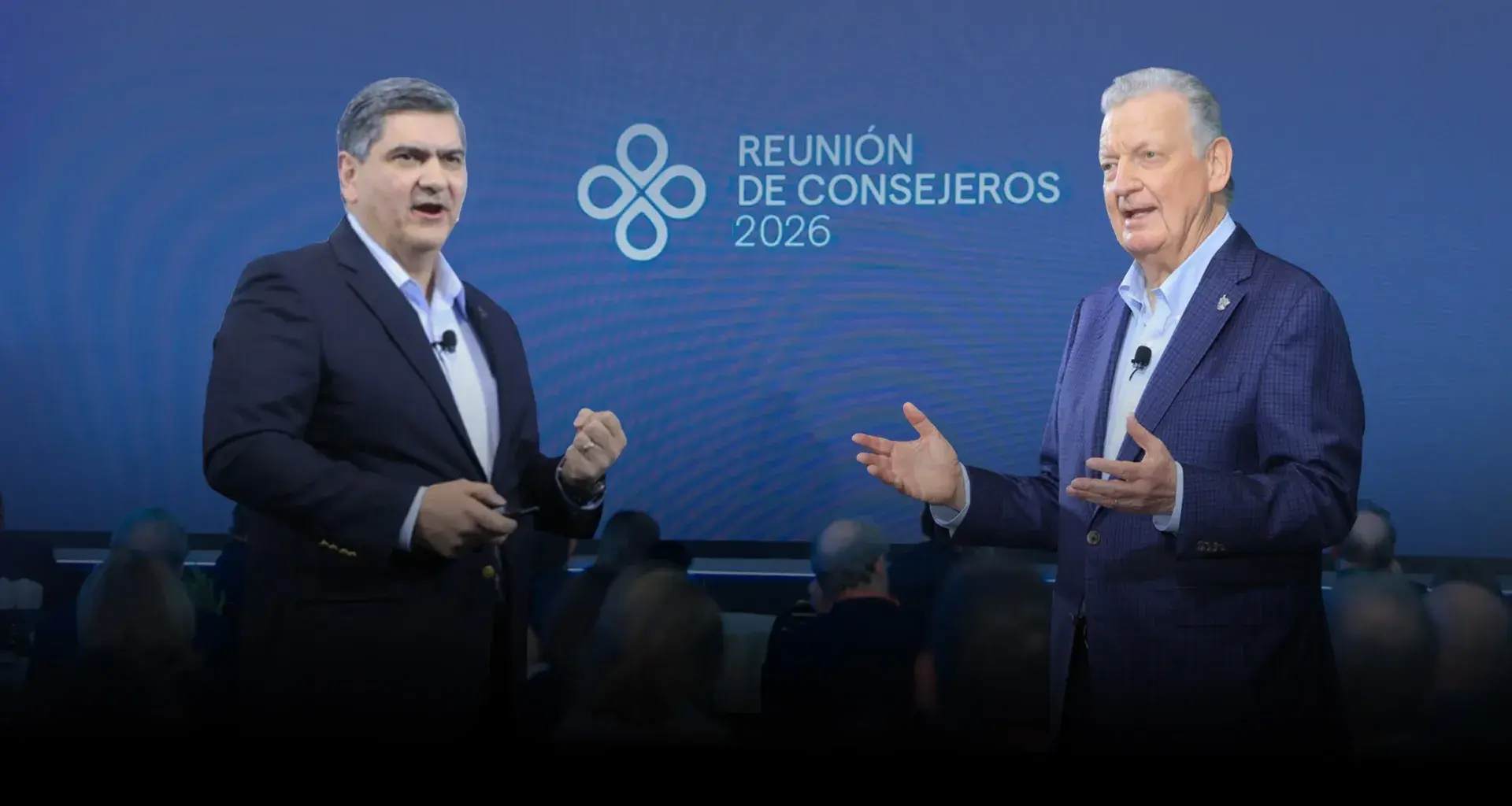 David Garza y Ricardo Saldívar en sus mensajes durante la Reunión de Consejeros 2026 del Grupo Educativo Tecnológico de Monterrey