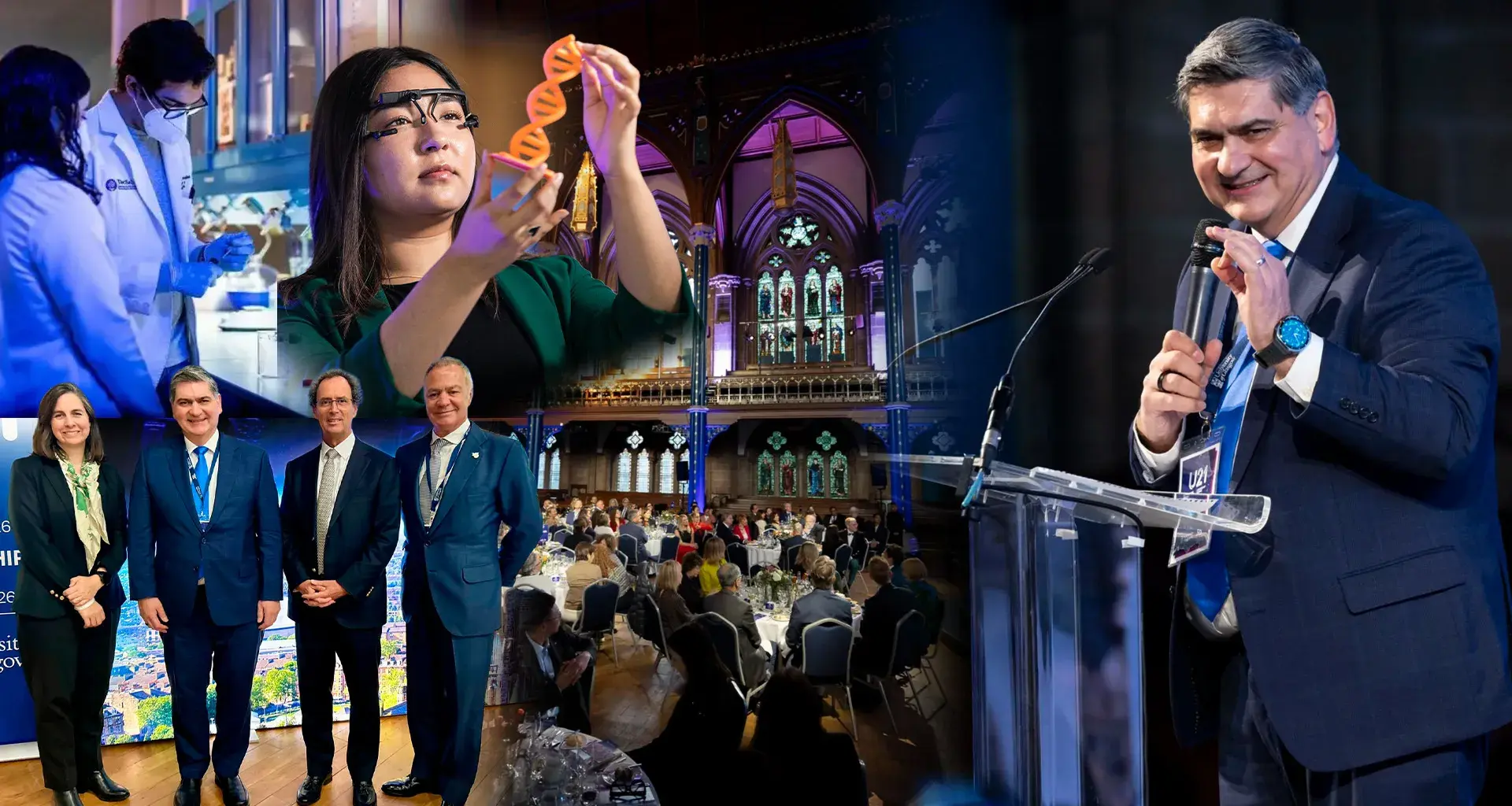 David Garza participa en la reunión anual de Universitas 21 en Glasgow, donde líderes universitarios dialogan sobre el futuro de la educación; collage con panel, asistentes y actividades académicas.