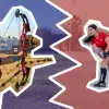 Collage de fotos de gemelas tirando con arco y jugando hockey sobre pasto.