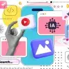 Ilustración tipo collage de herramientas digitales como videos, apps de IA, estadística, entre otros