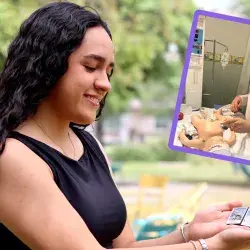Estívaliz de Niz sostiene los pines que creó; en otra fotografía realiza prácticas de medicina.