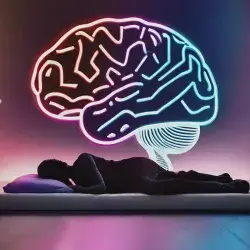 Ilustración conceptual de una persona durmiendo y un cerebro iluminado en la pared que conceptualiza la creatividad