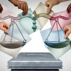 Imagen conceptual de votos sobre una urna, con un símbolo de justicia