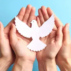 Personas sosteniendo un dibujo de una paloma blanca