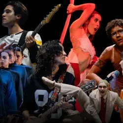 Montaje de fotos de alumnos universitarios compitiendo en disciplinas artísticas como canto, baile y música.