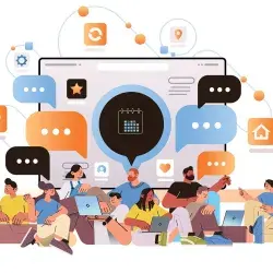 Ilustración de estudiantes con iconos de apps de estudio y herramientas tecnológicas a su alrededor