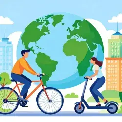 Ilustración de de jóvenes usando bicicleta y scooter eléctrico como alternativas de movilidad sostenible en ciudad