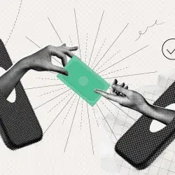 Ilustración digital de dos manos que salen de teléfonos móviles entregando una tarjeta verde, representando transferencias bancarias seguras en línea.