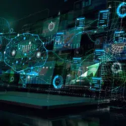 Ilustración digital de inteligencia artificial, nube y datos con un cerebro virtual y elementos tecnológicos, representando cursos gratuitos de Oracle University para la comunidad del Tec de Monterrey.