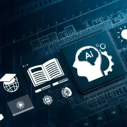 Educación de Tecnología utilizando sistemas de IA, concepto y educación de tecnología de Inteligencia Artificial (IA), chips de datos de computadora con gráficos educativos, lecciones de aprendizaje y aprendizaje digital moderno