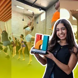 Montaje de fotos que muestran jóvenes practicando baile, con una imagen de una chica sosteniendo un trofeo superpuesta.