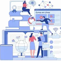 Ilustración sobre cursos en línea y aprendizaje digital con certificaciones, personas estudiando y desarrollando habilidades profesionales.