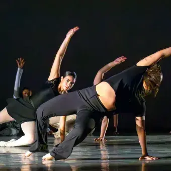 Las bailarinas prepararon el montaje por meses. Foto: Johanna Karrum. Bailarinas del Tec de Monterrey campus Laguna se presentan sobre fondo negro y realizan figuras en el suelo del Teatro Isauro Martínez